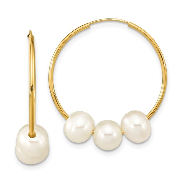 14k Yellow Gold 6-7mm Semi-round White FWC Pearl Hoop Dangle Earring 27.25